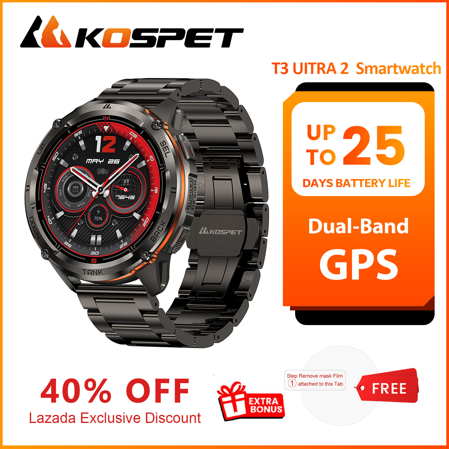 Smartwatch Premium Watches For Men - Novo Relógio Inteligente GPS KOSPET TANK